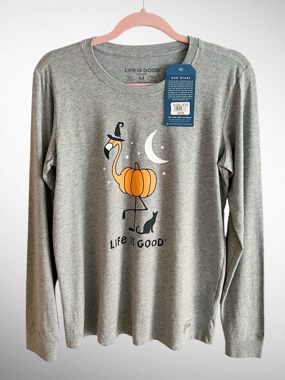 NWT Life is Good Flamingo Pumpkin Halloween Long-Sleeve Crusher Tee